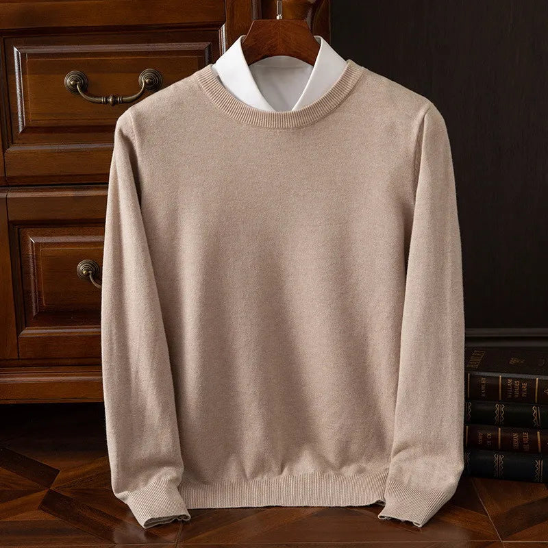 Men's ivory cashmere O-neck sweater tailored fit dense knit ultra-soft breathable warmth