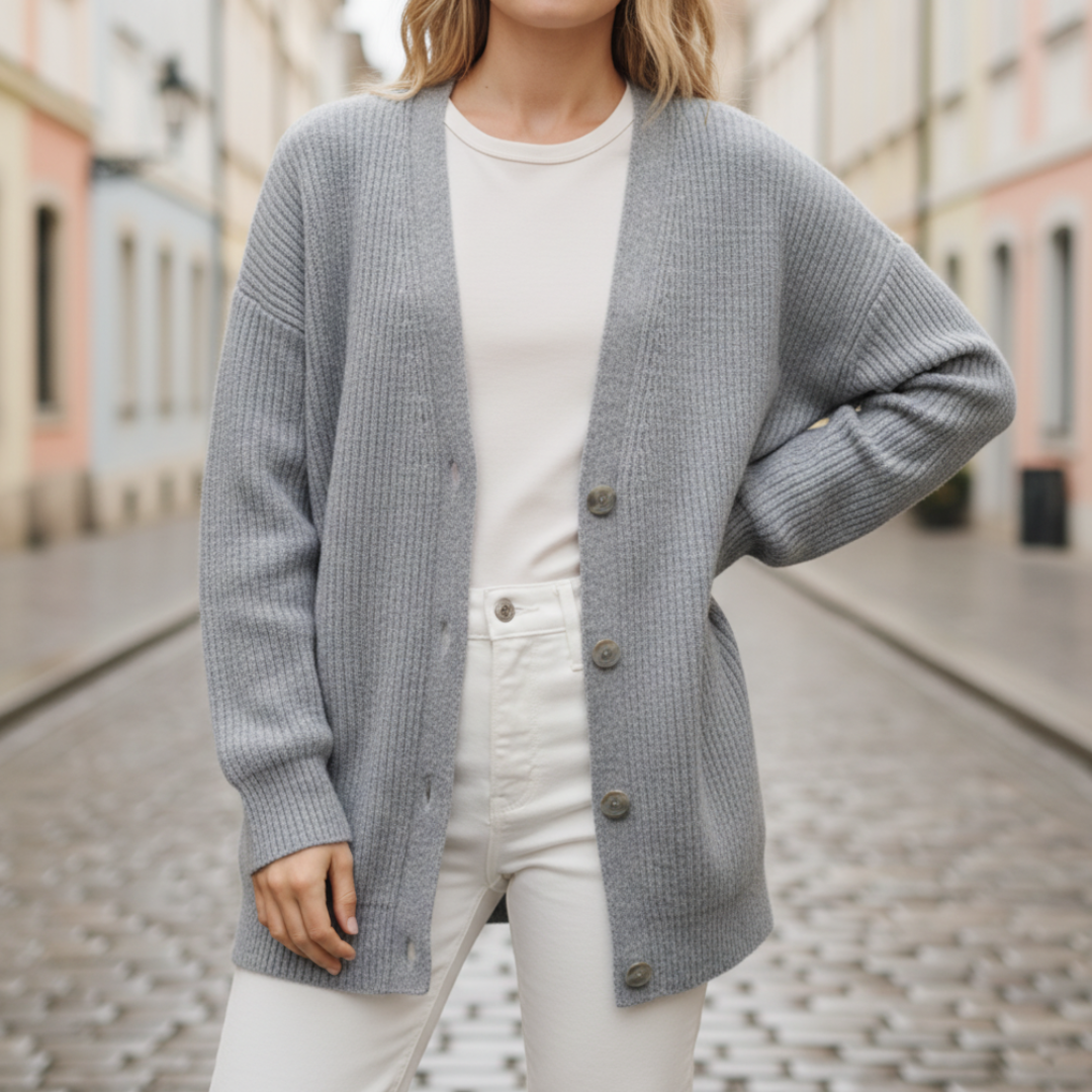 Women's oversized ribbed knit cardigan with tone-on-tone buttons, relaxed cozy fit for everyday layering