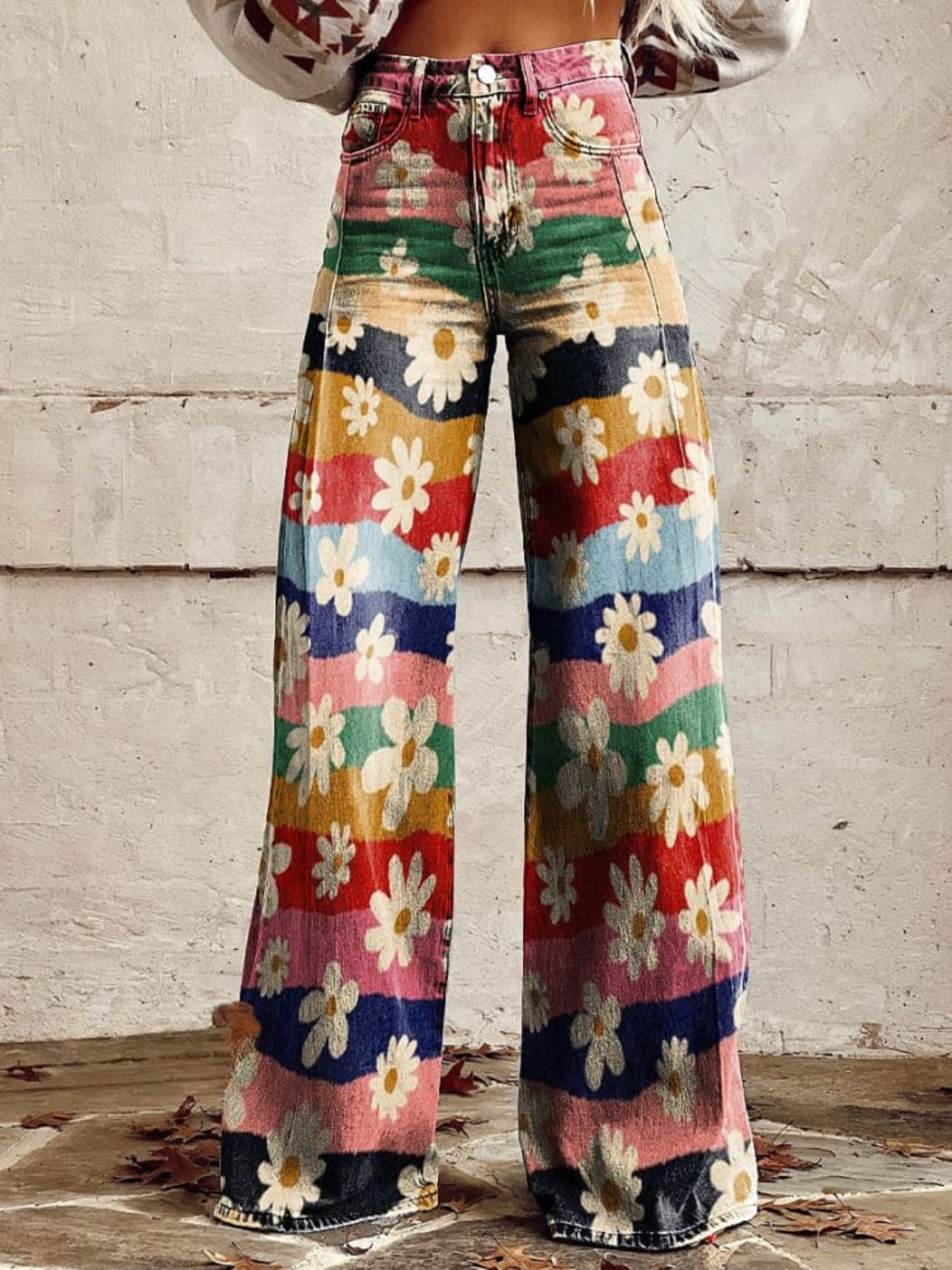 Women's wide-leg pants colorful stripe floral print vintage-inspired silhouette elegant everyday style