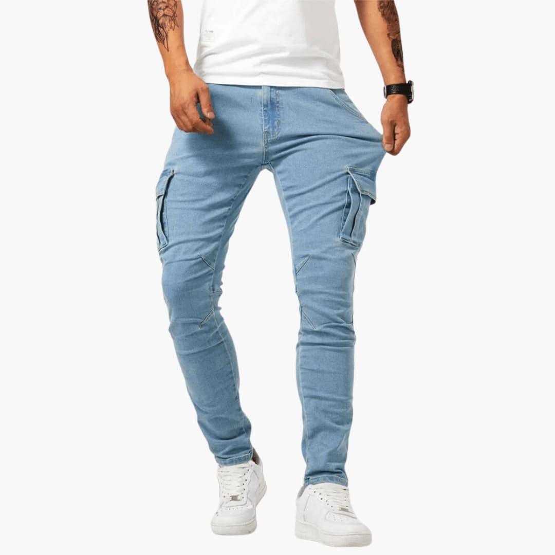 Men's stretch cargo jeans straight-leg fit with large side storage pockets for active everyday wear