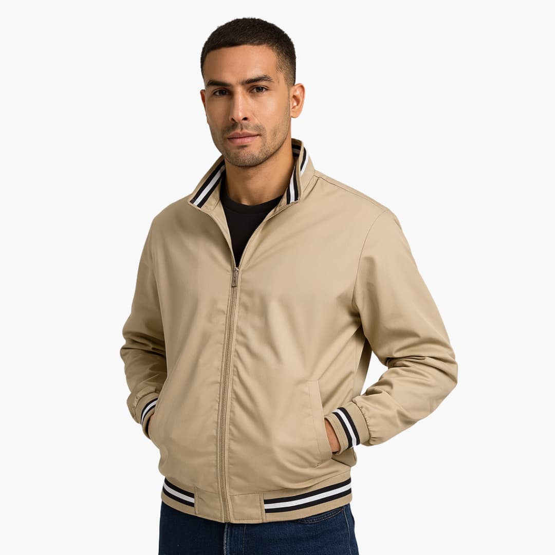 Men's bomber jacket with full-zip closure, striped ribbed hem, stand-up collar, casual everyday style