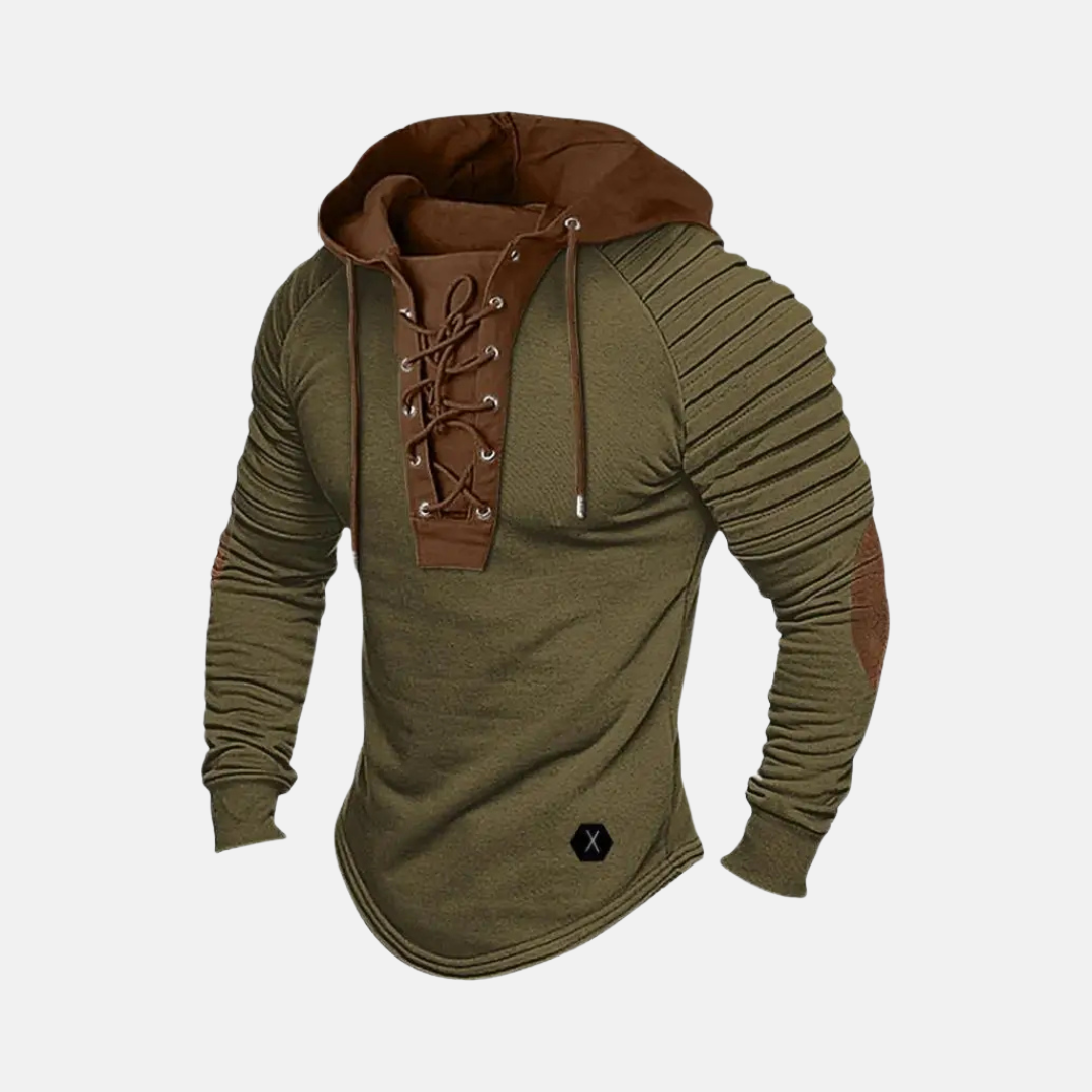 Men's slim fit hoodie with lace-up neck placket, ribbed sleeves, and hip-length cut for urban style