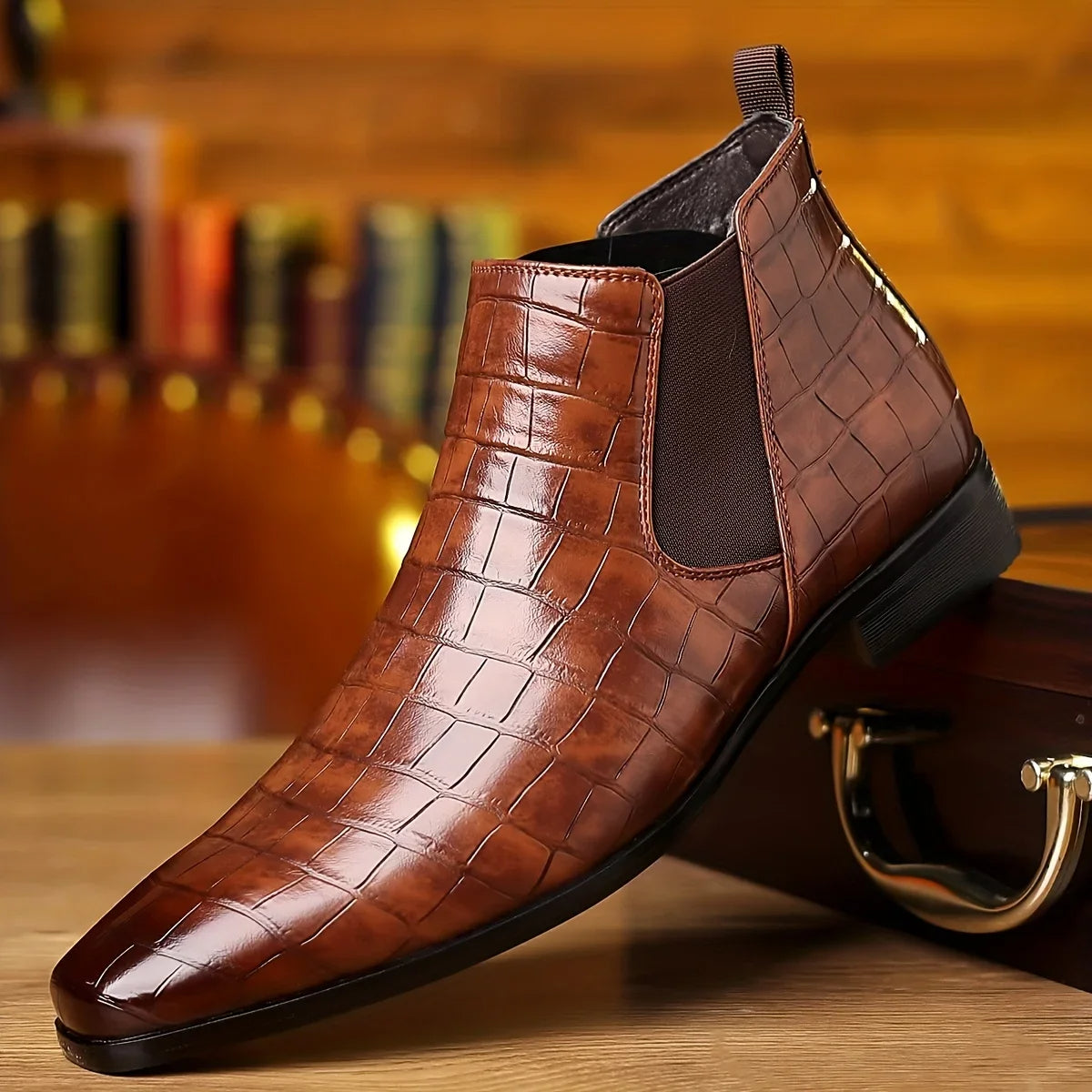 Glossy crocodile-embossed vegan leather Chelsea boots with cushioned insole, sleek pull-on style