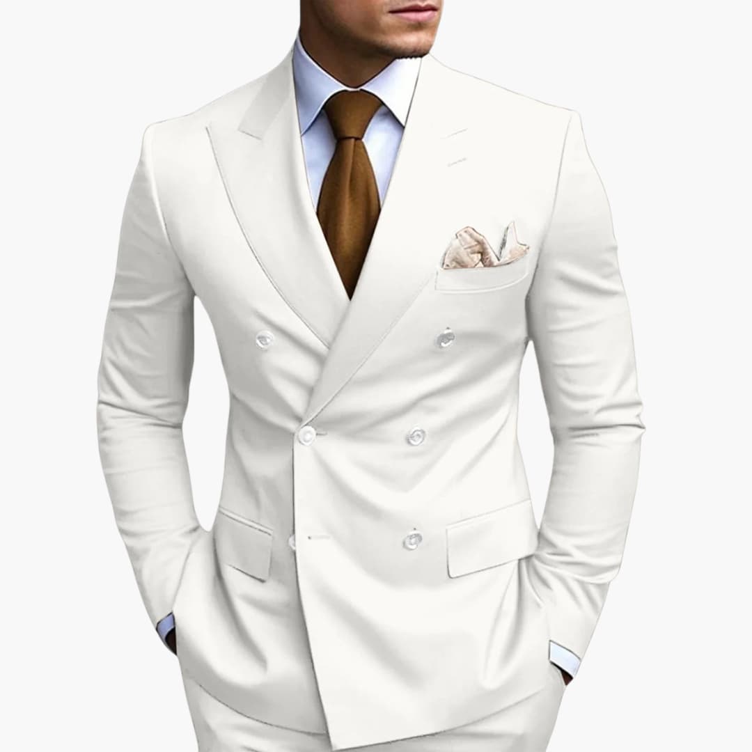 Men's navy blue double-button notched lapel suit set with straight-leg pants for modern tailoring