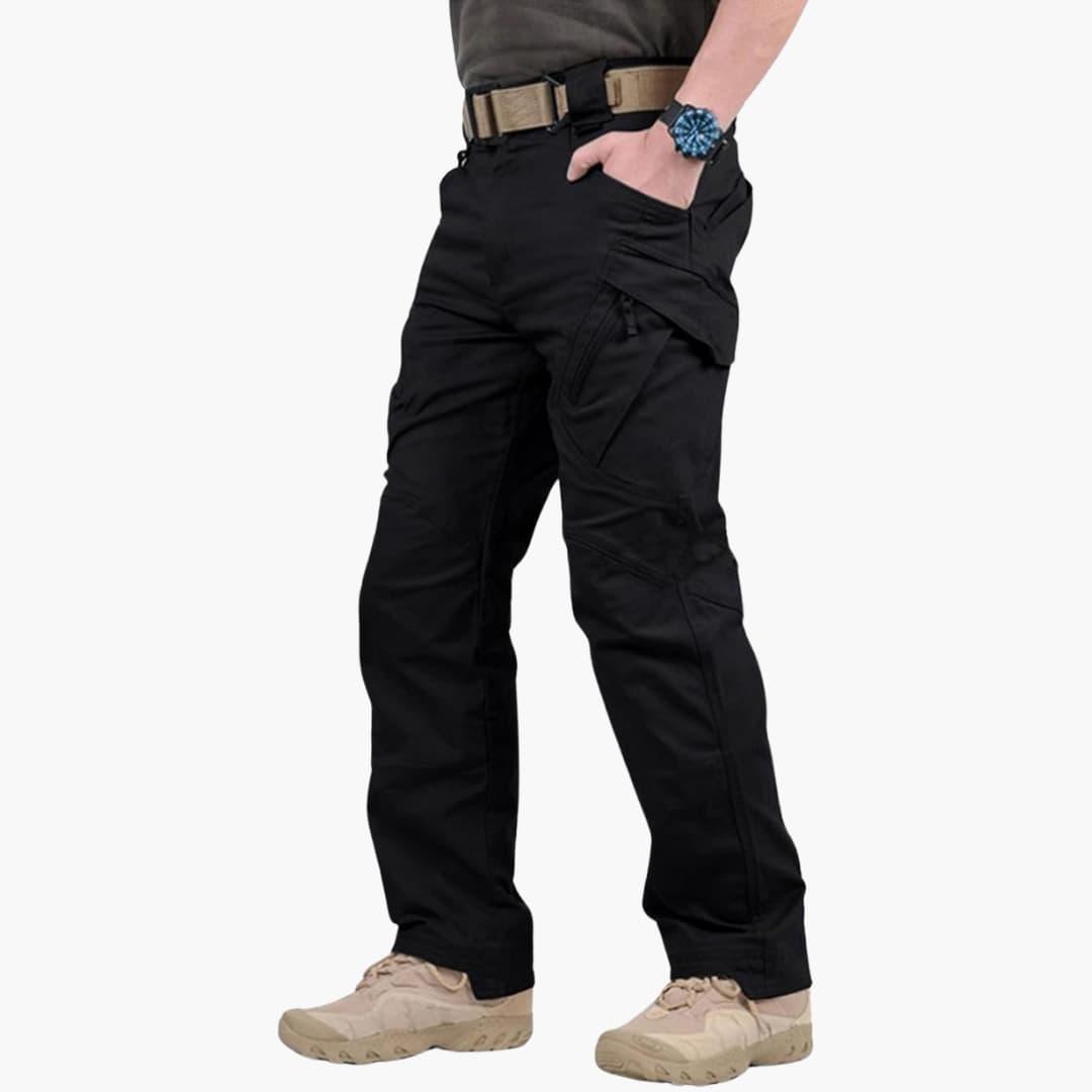 Men's olive cargo pants straight-cut mid-rise waistband multiple zippered pockets outdoor workwear