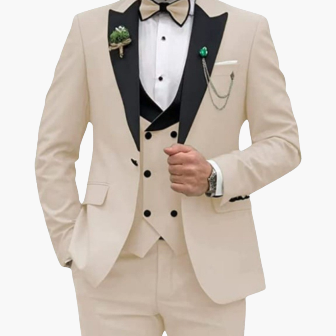 Men's slim fit three-piece suit navy contrast lapels single-breasted jacket vest trousers formal wedding
