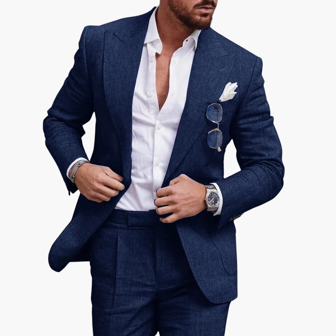Navy blue two-piece men's tailored business suit for weddings with lightweight polished finish
