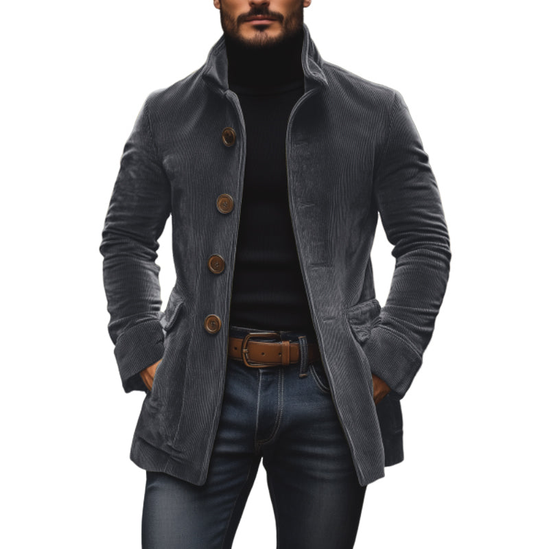 Men's single-breasted tailored coat with button closure, clean lines, polished silhouette for professionals