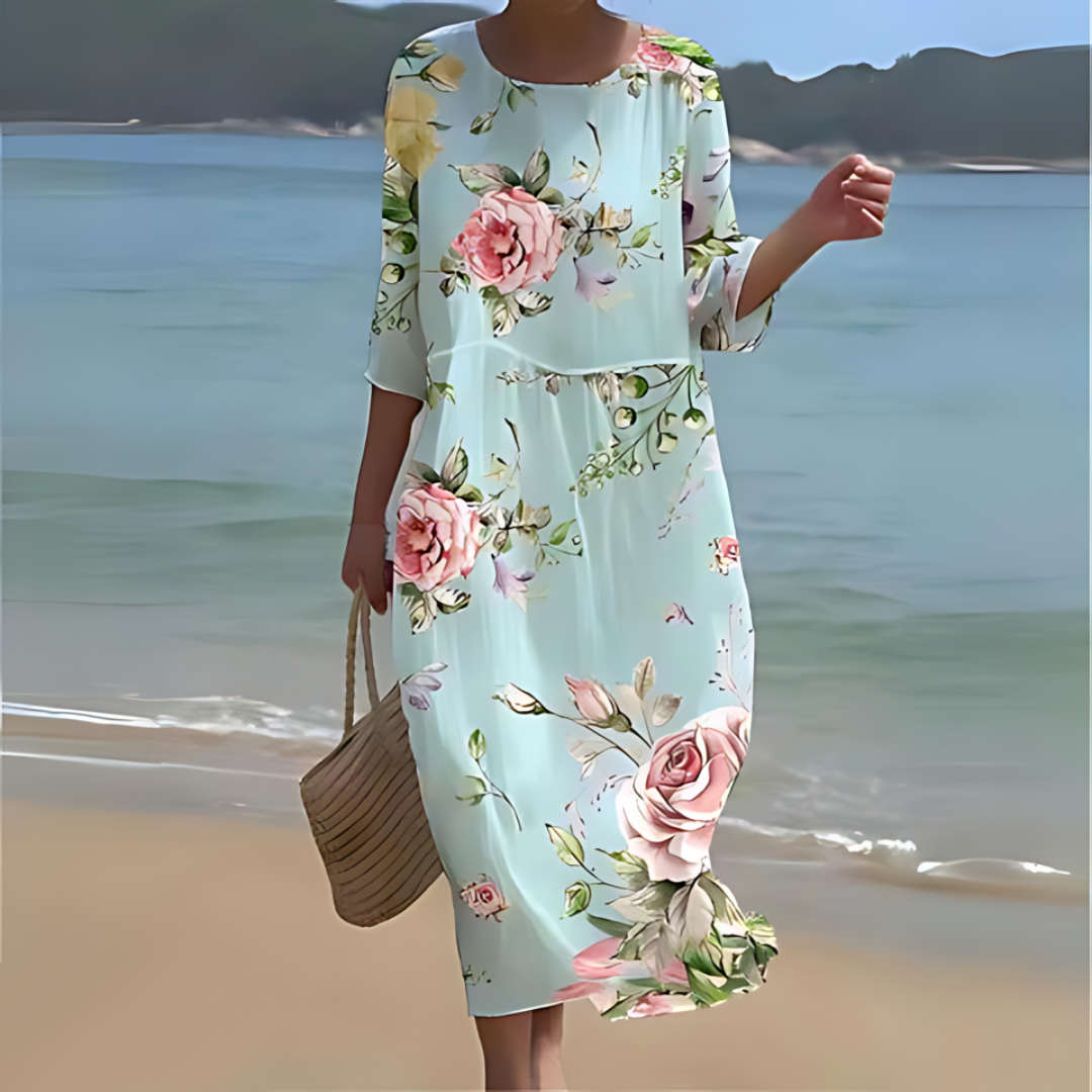Floral midi dress light airy viscose blend three-quarter sleeves round neck garden party style