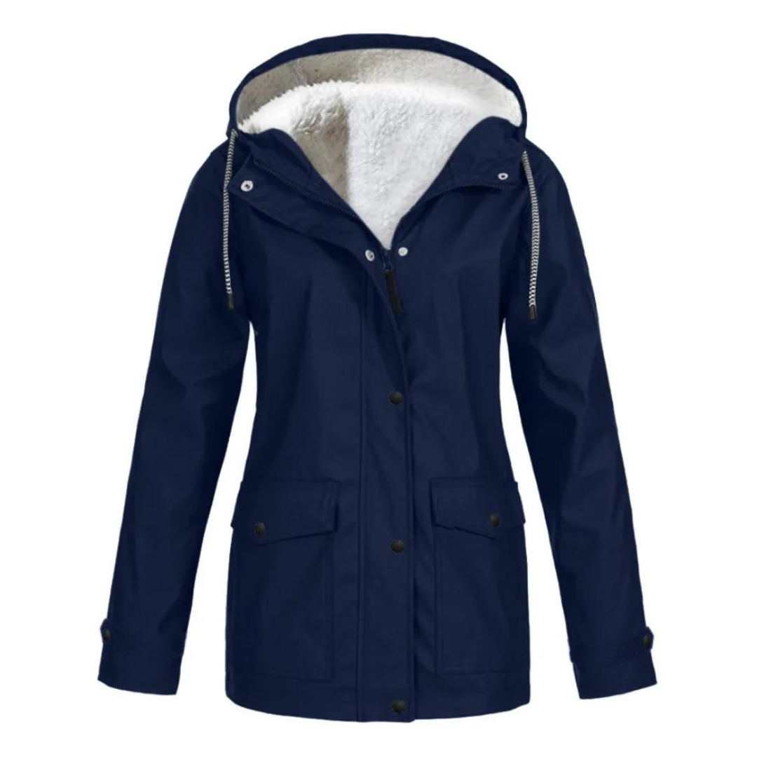 Women's long-cut hooded rain jacket in adjustable all-weather style with extended torso coverage