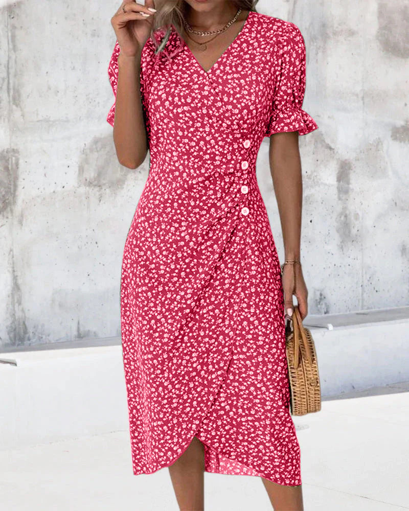 Blue floral wrap midi dress women flattering faux wrap-front waist-defining summer silhouette