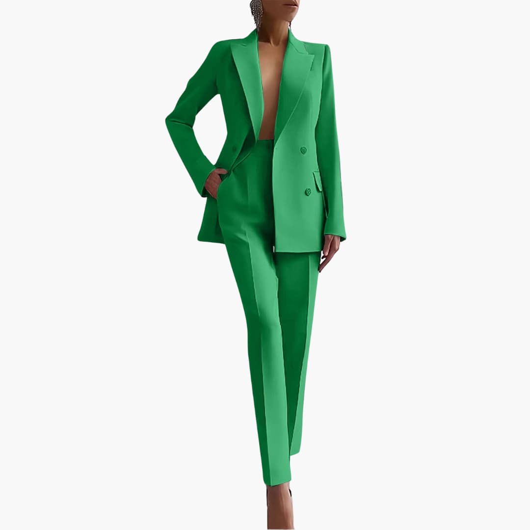 Women's finely woven office suit set with notched lapel blazer and straight trousers, polished professional look