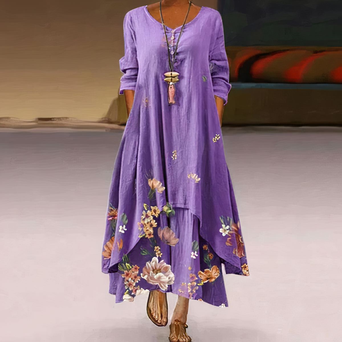 Flora | Women's Floral Print Long Sleeve Loose Maxi Dress