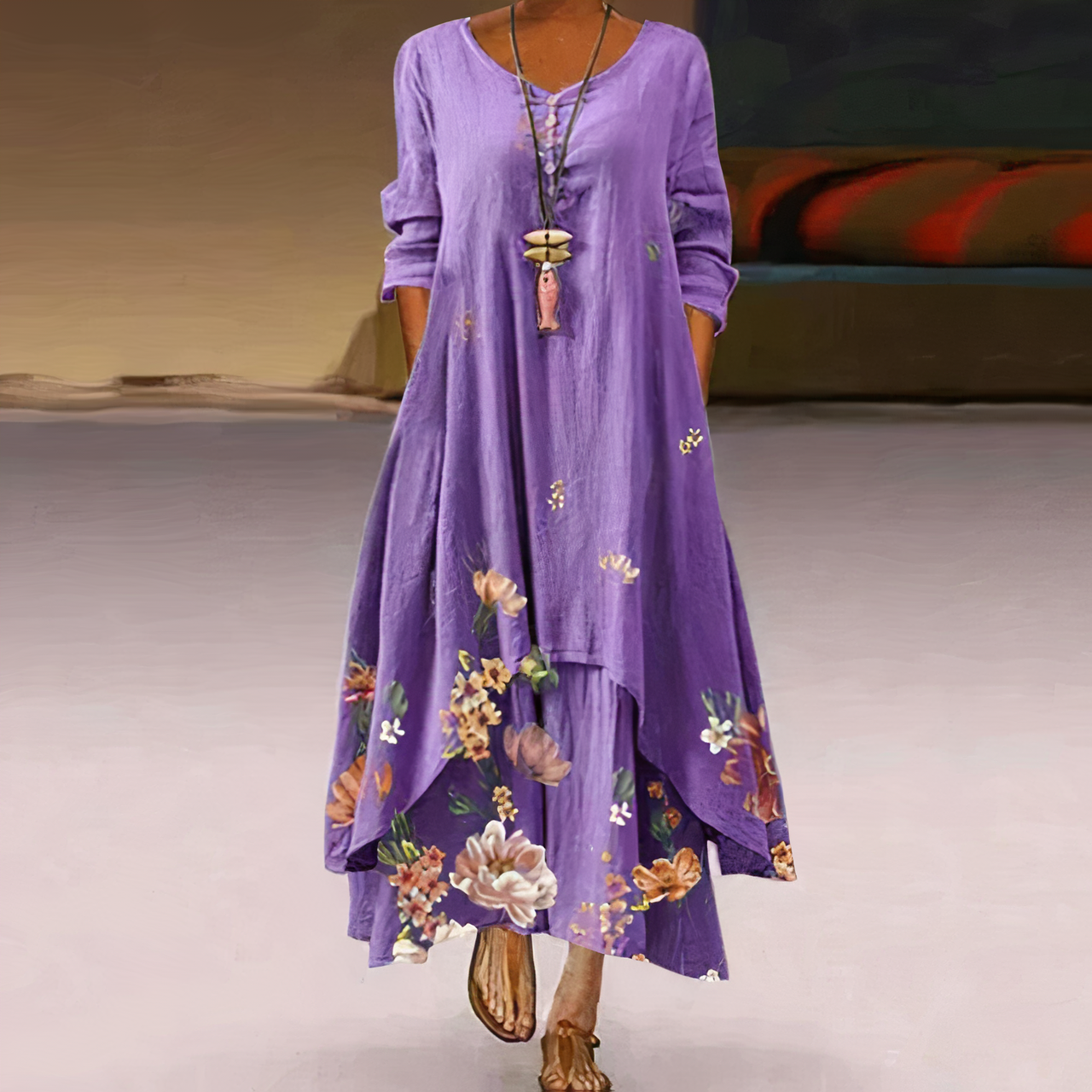 Floral maxi dress women flowing silhouette romantic embroidery breathable fabric elegant fit