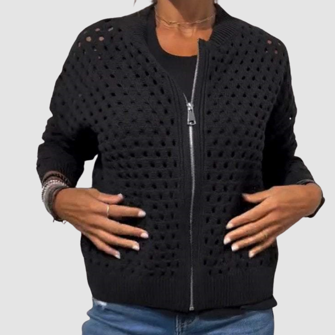Women's zip-front knit cardigan with light openwork texture, relaxed silhouette for everyday layering