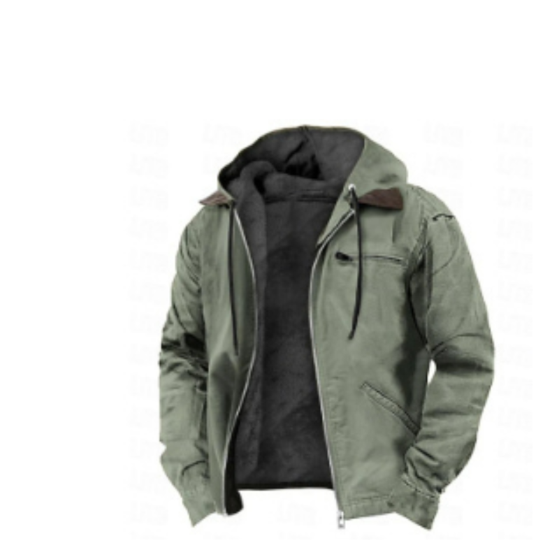 Men's casual hooded zip-up jacket with drawstring hood and front pockets, relaxed everyday layer