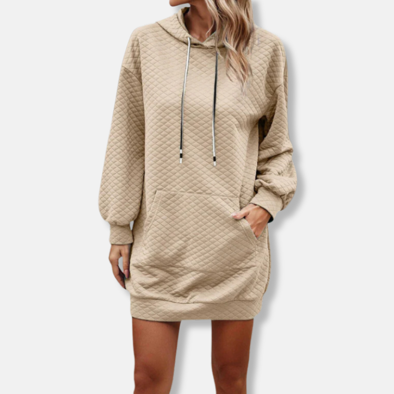 Women's black quilted diamond-texture hooded mini dress oversized long sleeve with front pocket