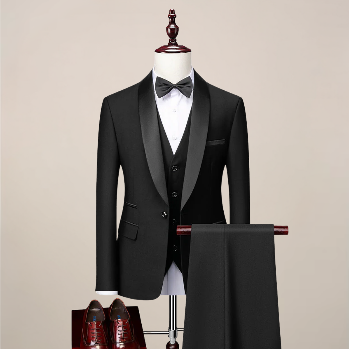 Men's slim fit black three-piece dinner suit with contrast shawl lapel, waistcoat, and tapered trousers