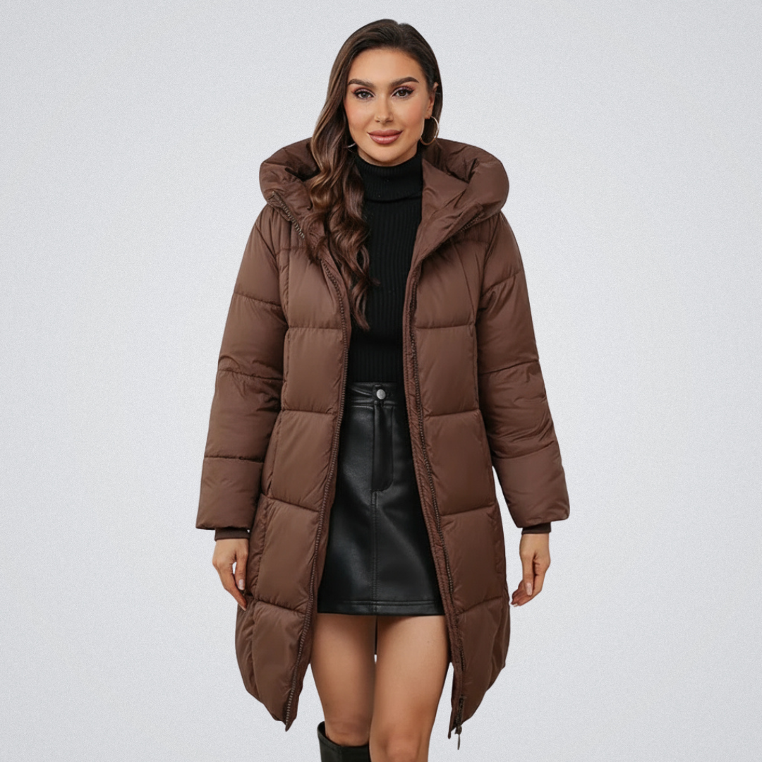 Women's black longline quilted puffer coat with attached hood, sleek non-bulky silhouette
