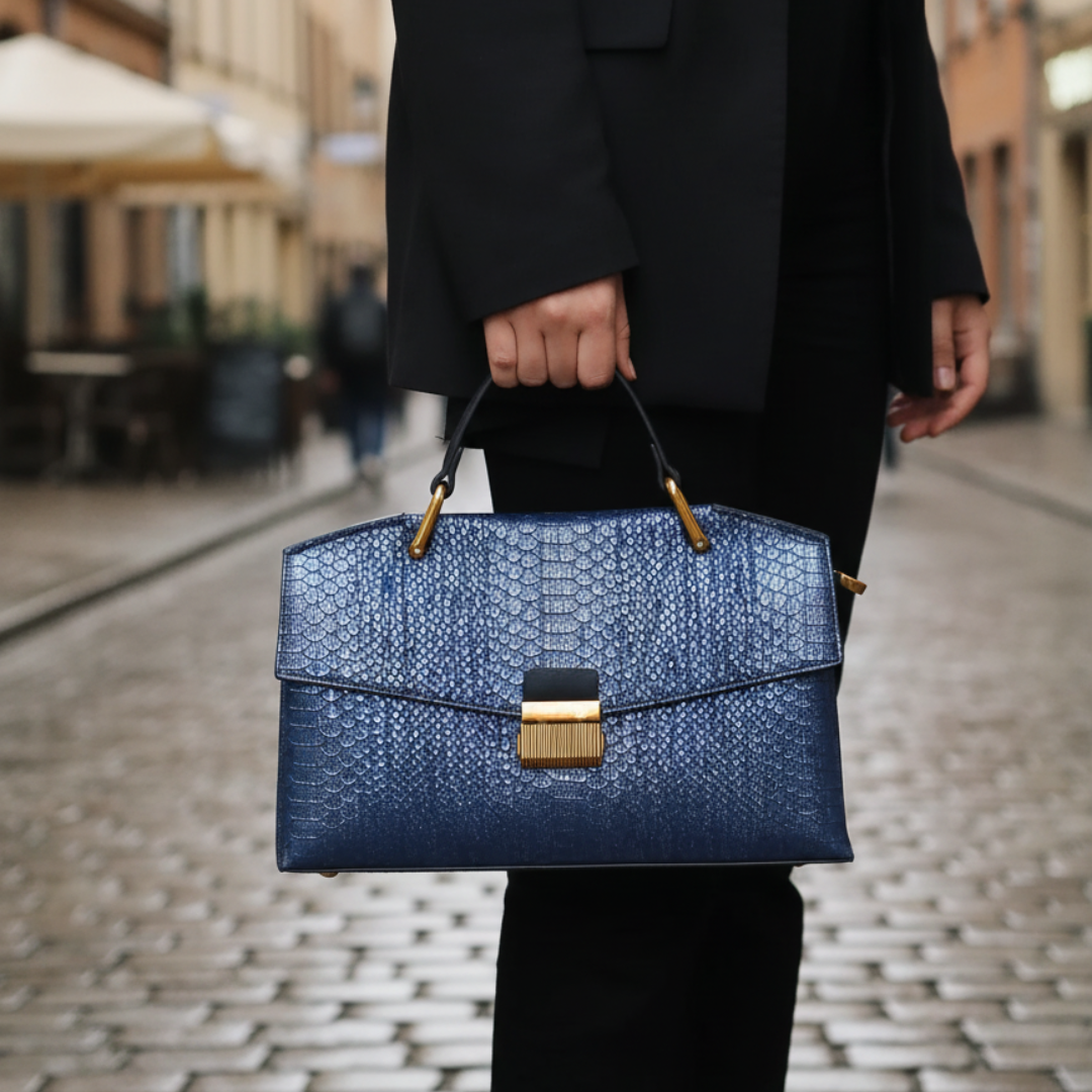 Women's Bag in Blue Synthetic Leather with Handles - Urbann-Vibe