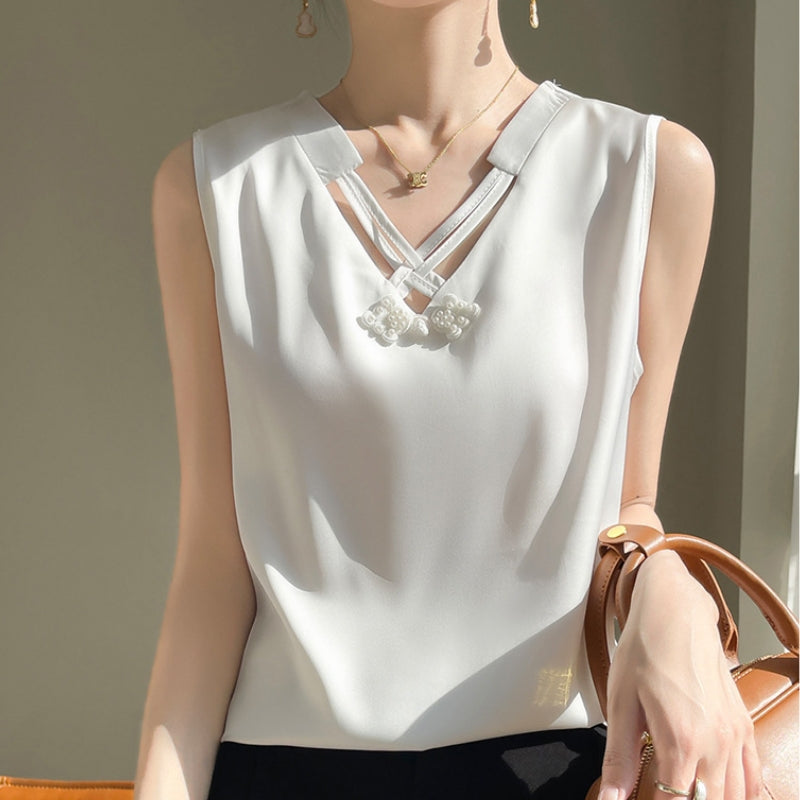 Women's silk satin crisscross strap knot top with pearl accent, lightweight drape, polished day-to-night style