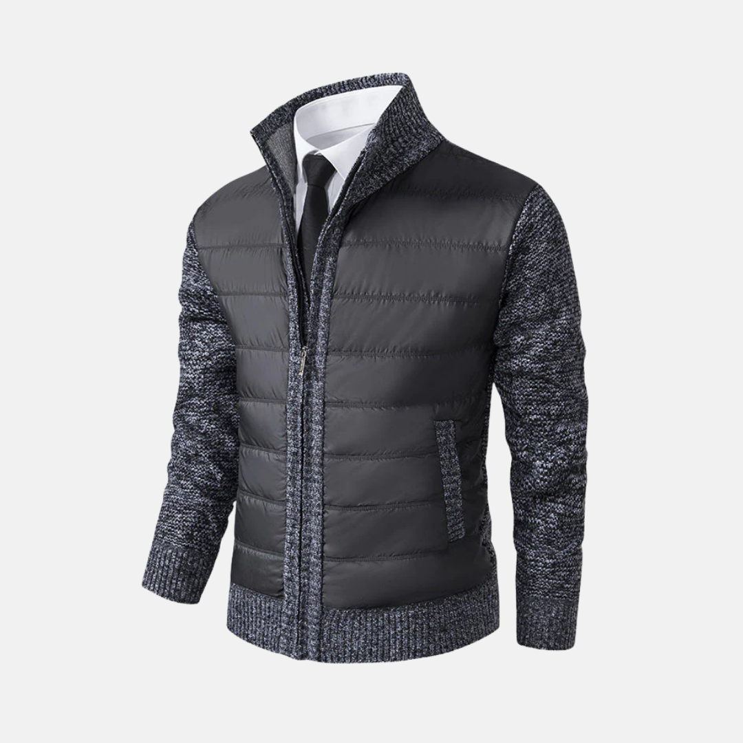 Burgundy slim fit men's acrylic blend jacket with stand collar and quilted front panels