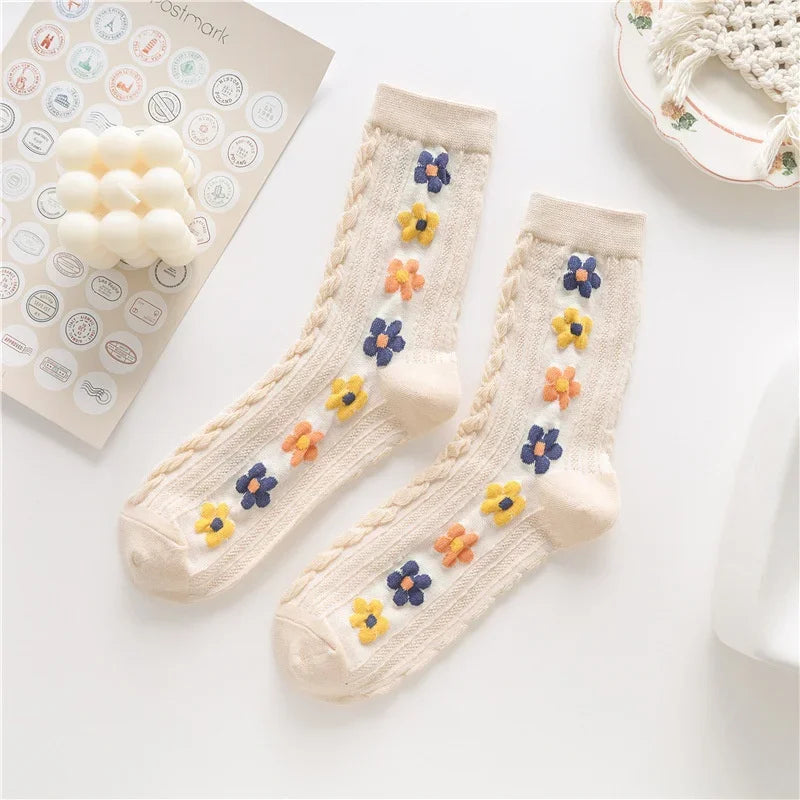 Women's ribbed cotton blend mid-crew socks set with delicate floral embroidery, vintage-inspired feminine style