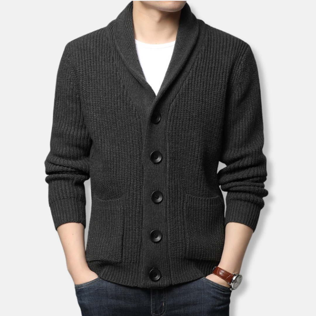 Men's ribbed knit cardigan sweater shawl collar patch pockets smart casual versatile layer