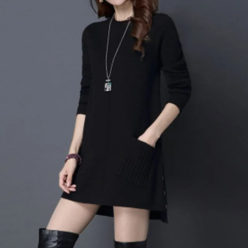 Women's cable knit sweater dress relaxed fit with cozy pockets, everyday chic style