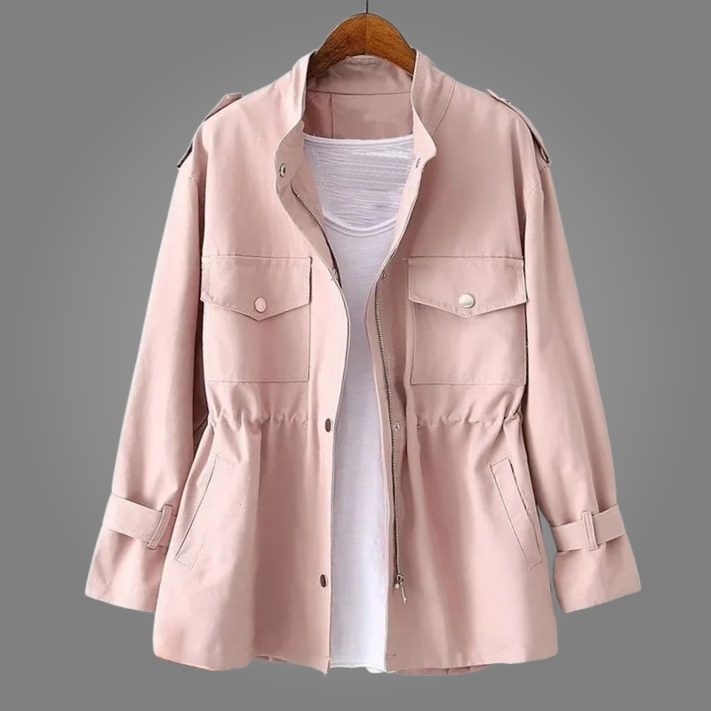 Lightweight olive utility jacket unisex relaxed fit drawstring waist snap pockets everyday layering