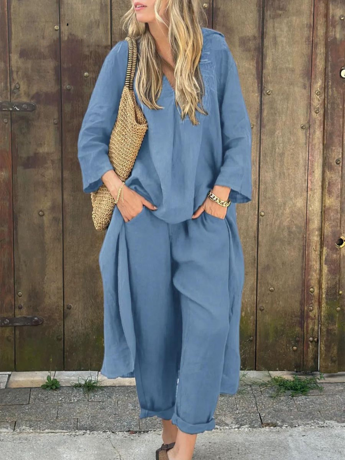 Women's linen co-ord set beige V-neck irregular top and high-waisted wide-leg pants with pockets