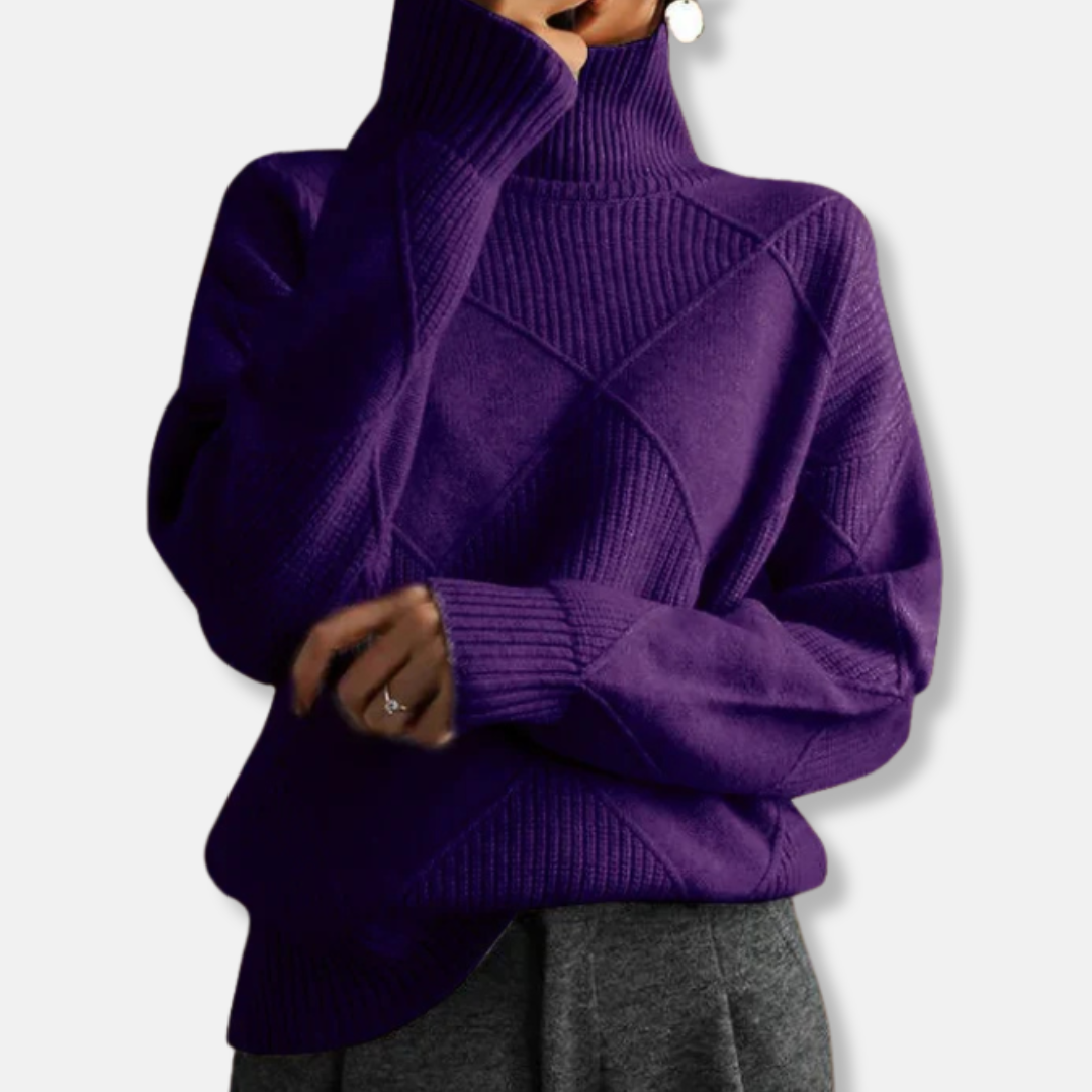 Women relaxed fit turtleneck sweater ribbed diamond knit texture casual cozy style