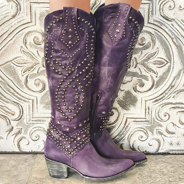 Women's studded cowboy boots chunky block heel Western festival style bold metal stud detailing