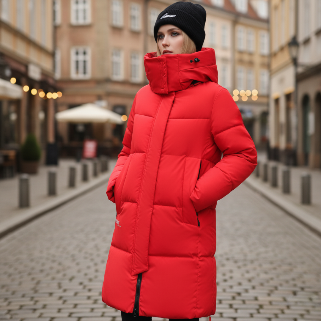 Women's padded parka with hood in black cozy winter coat with insulated quilted design