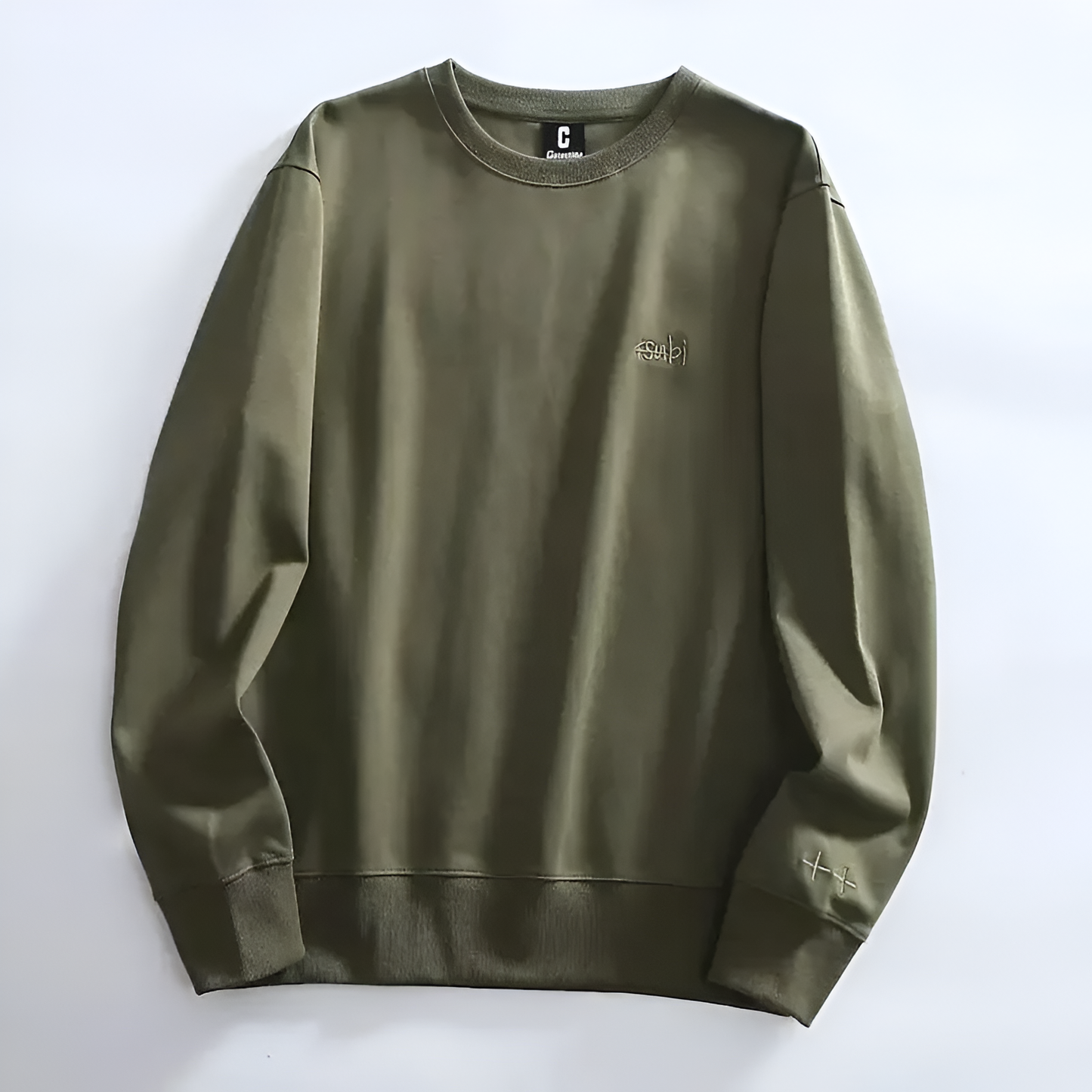 Minimalist crewneck sweatshirt soft fabric relaxed fit subtle embroidery everyday casual style