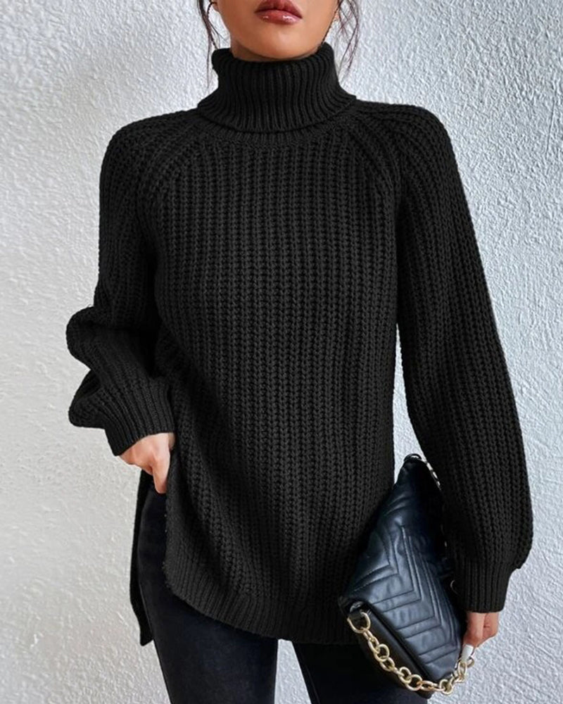 Beatrice women's ribbed turtleneck sweater in winter tones with classic cozy knit texture
