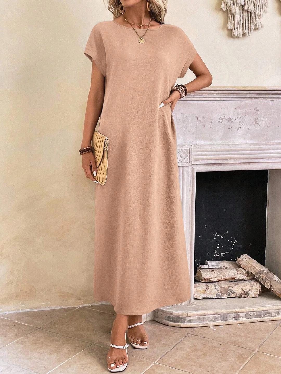Women's relaxed batwing sleeve tunic dress with round neckline, soft draped silhouette for everyday wear