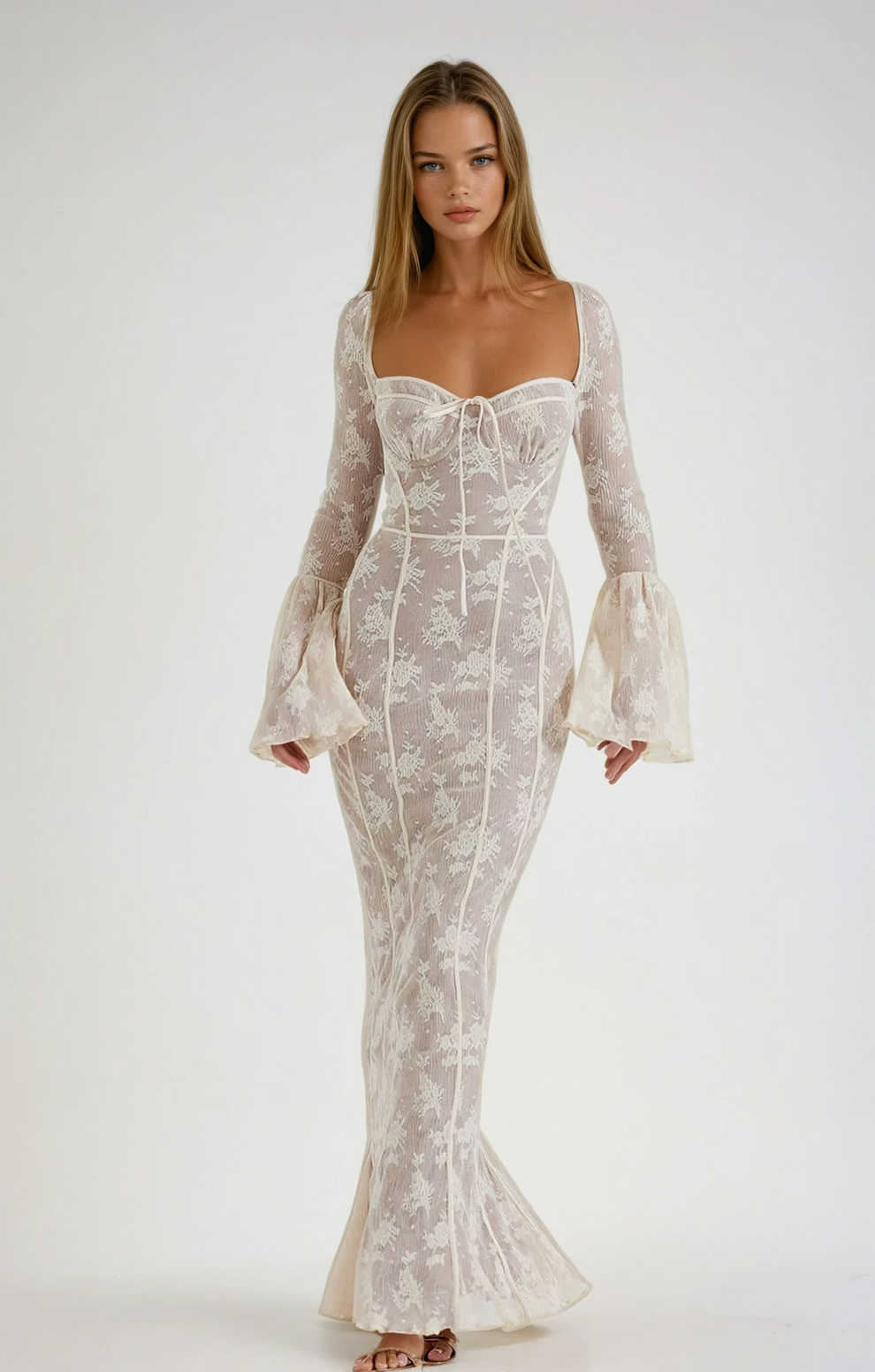 Romantic Lace Maxi Dress With Corset Bodice And Fluted Sleeves For Moo