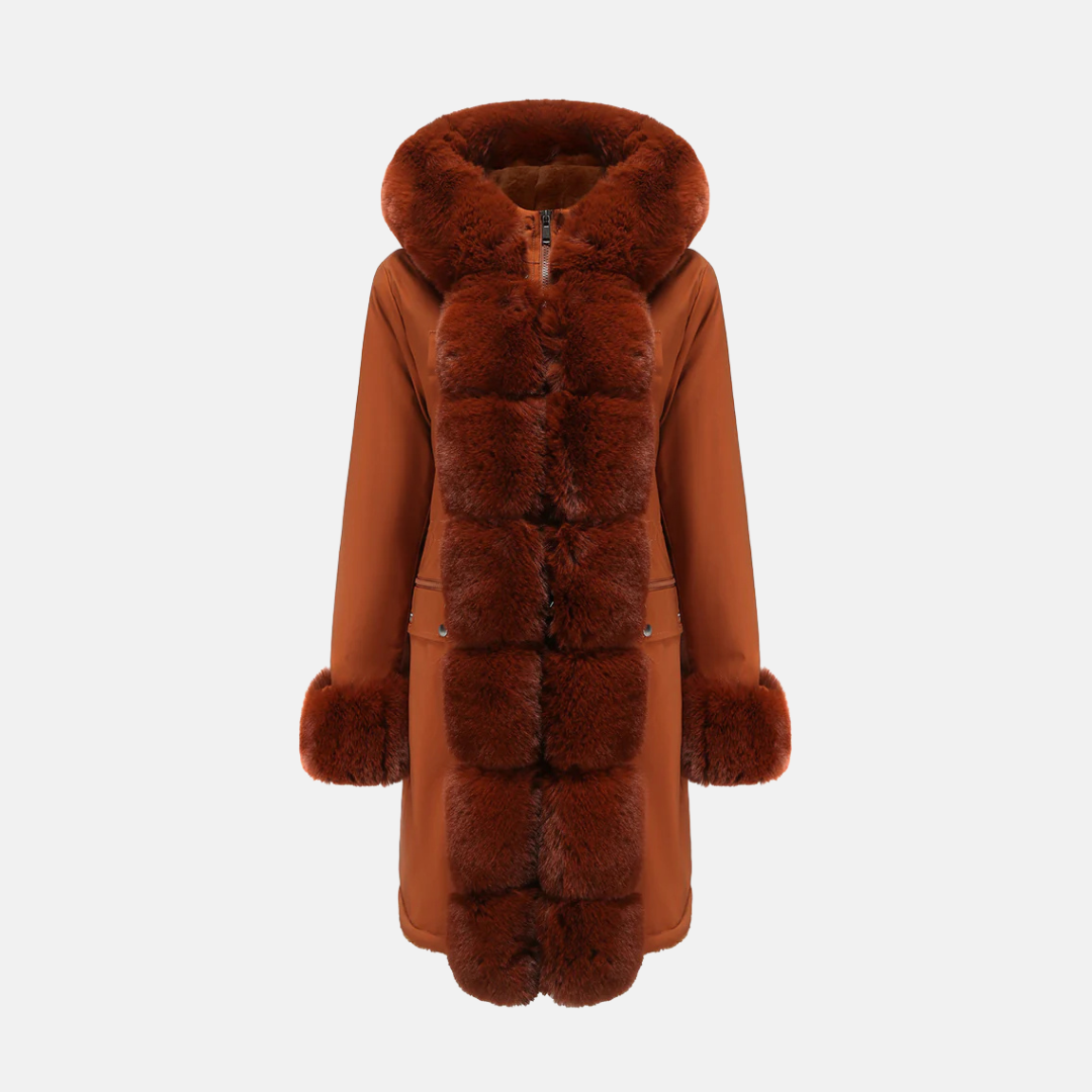 Women's long wool-blend coat with faux fur hood and cuffs, full-length regular fit, zipper closure