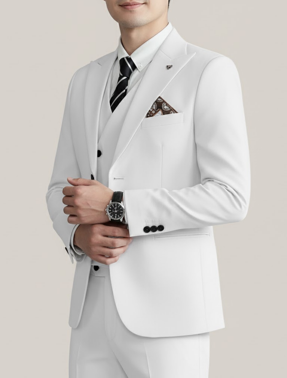 Men's navy tailored three-piece suit double-breasted waistcoat blazer tapered trousers wedding groom