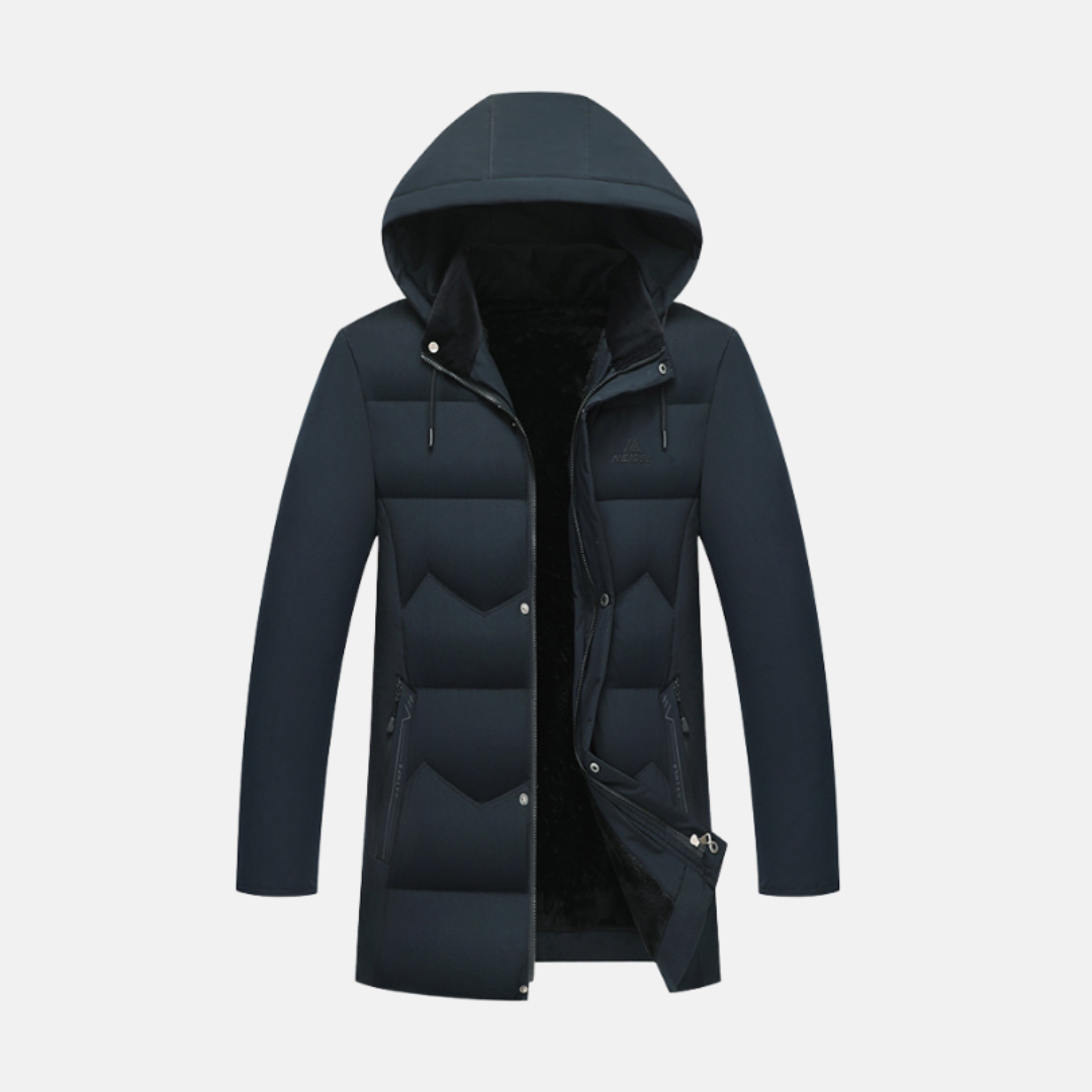 Men's black quilted padded coat regular fit with plush-lined weather resistant hood