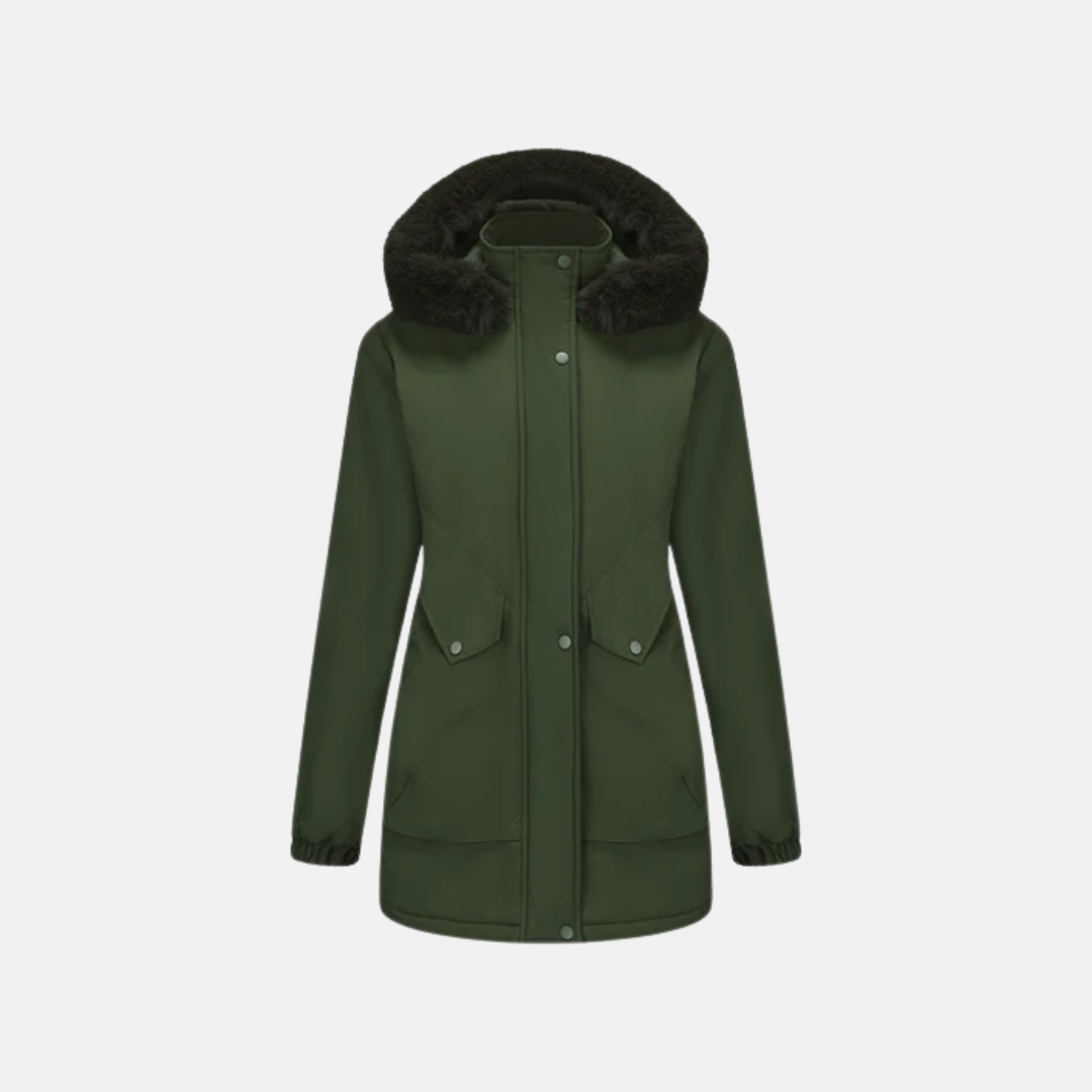 Women's mid-length parka jacket with faux fur hood, adjustable waist, and snap closure for cold weather