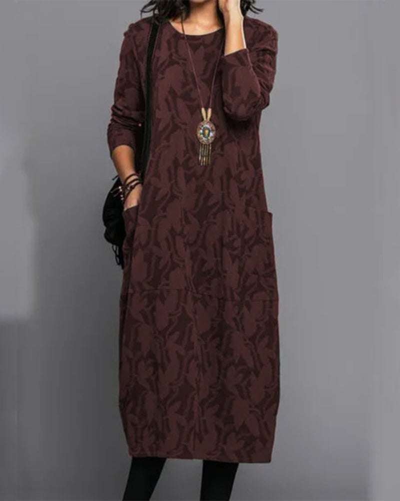 Women's floral midi dress long sleeve relaxed fit with pockets, elegant casual autumn winter style