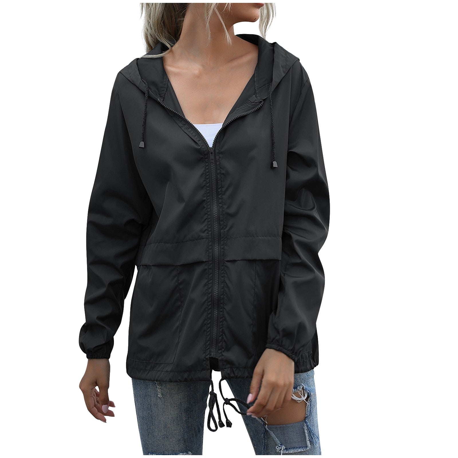 Women's casual hooded zip-up windbreaker jacket with adjustable drawstring waist relaxed silhouette