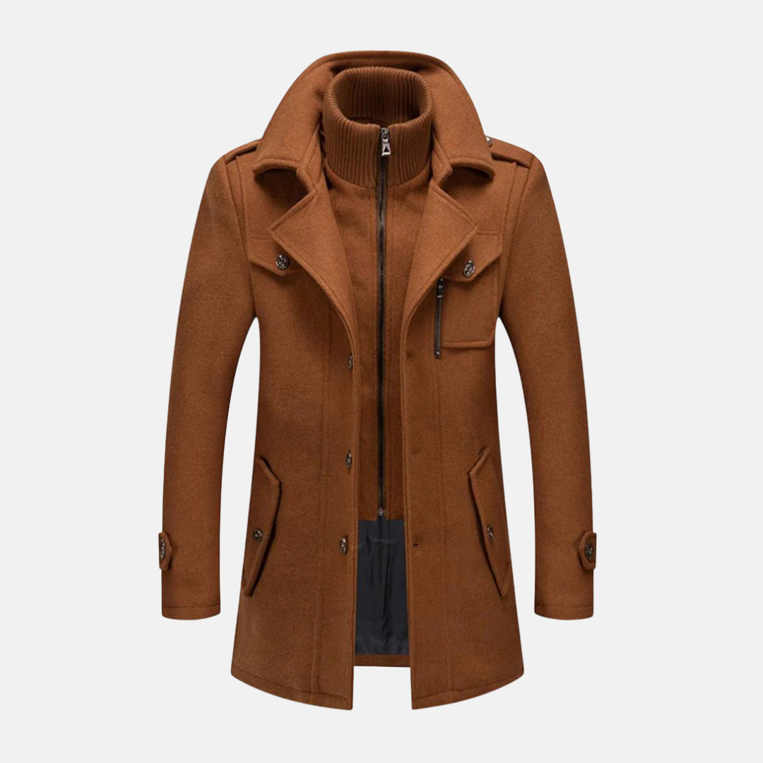 Men's slim-fit wool blend coat mid-thigh length with double collar and epaulet detail smart casual style