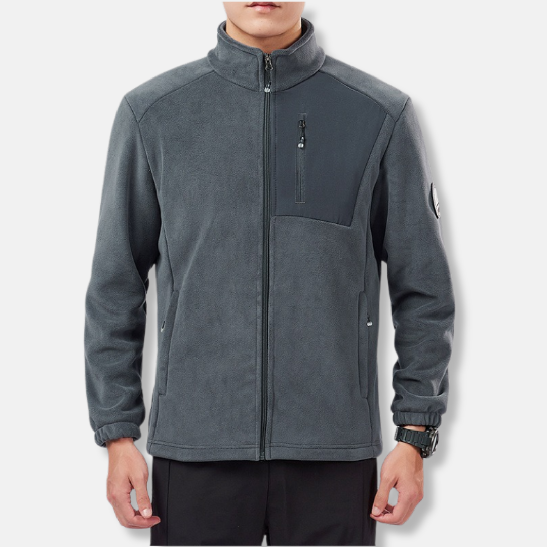 Men's gray polyester fleece jacket stand collar full zip regular fit warm winter outerwear
