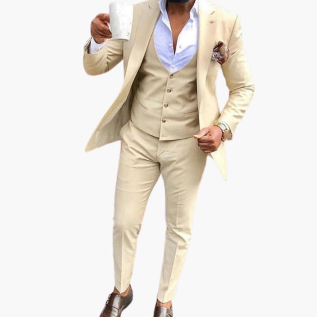 Men's charcoal three-piece suit with breathable tailored fabric, vest, jacket, and trousers