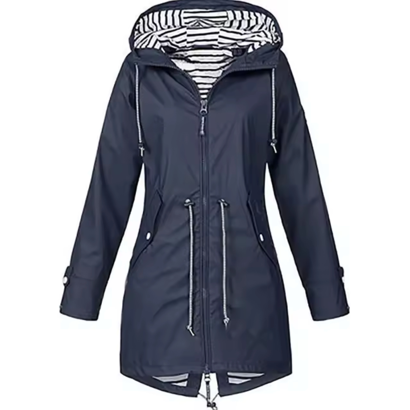 Women's long waterproof rain jacket with lined hood, adjustable waist, minimalist Scandinavian cut