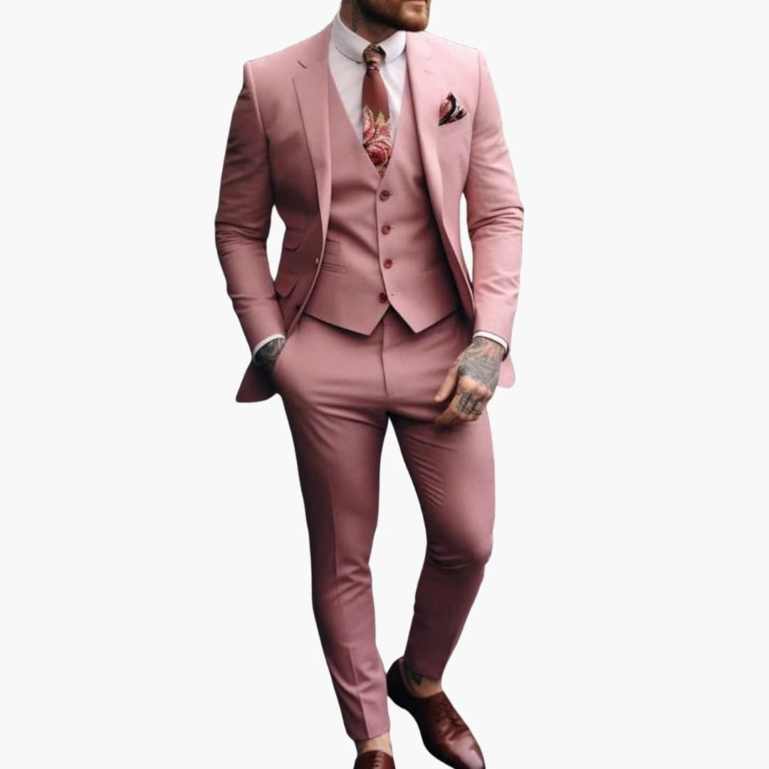 Men's slim fit three-piece suit with one-button blazer and vest, breathable all-season formal wear