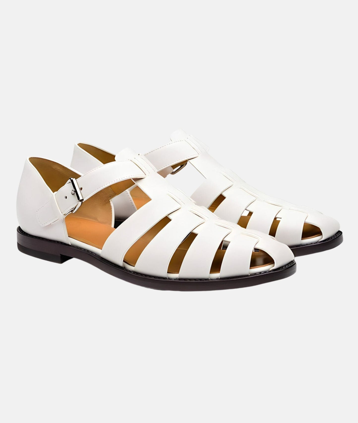 Men's brown leather closed-toe sandals with woven straps and side buckle for summer style
